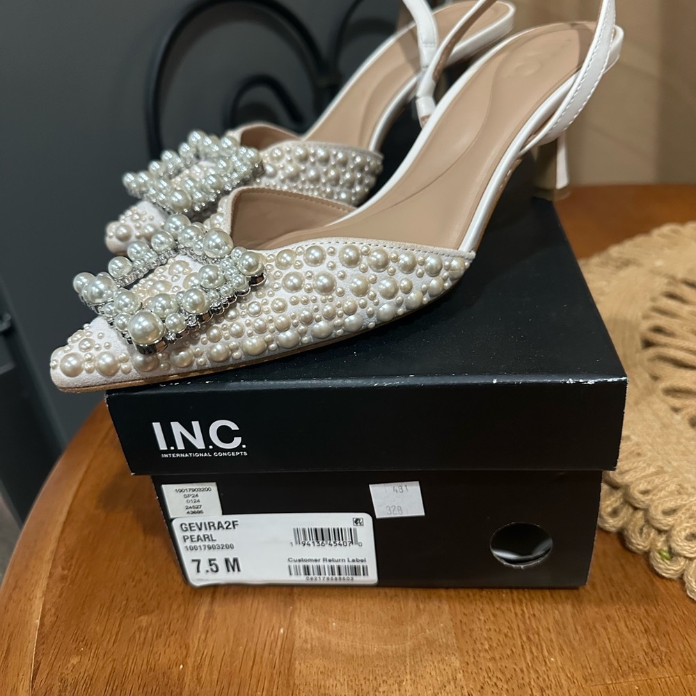 INC White Pearl Embellished Heels - Picture 3 of 4